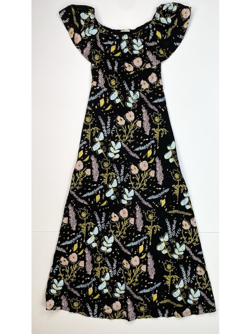 Thief & Bandit Organic Cotton Hand Printed Off Shoulder Maxi Dress BlackFloral S